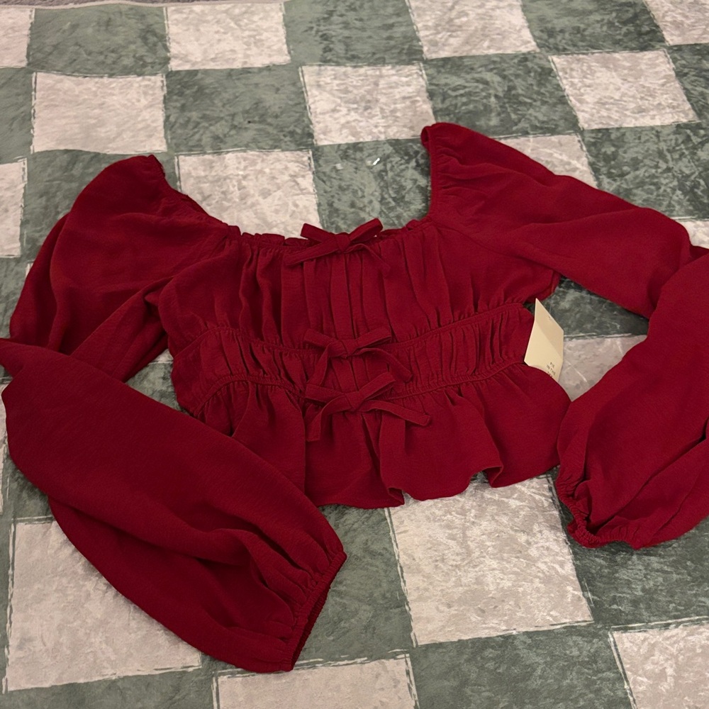 NWT Elegant Red Cropped Women's Blouse Bow Top
